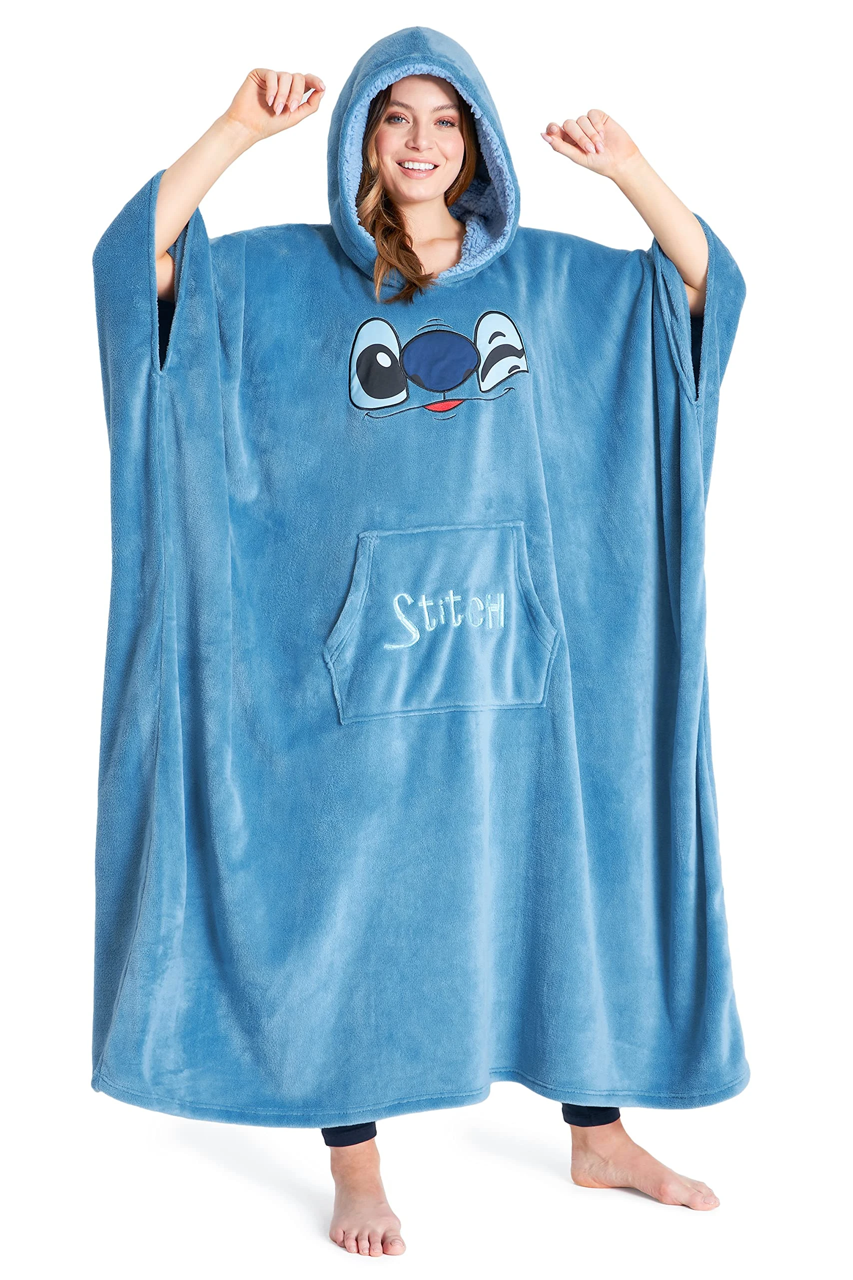 Disney Stitch Hoodie Blanket for Women Teenagers Fleece Wearable Blanket Warm Cosy Oversized Hoodie with Sherpa Hood Loungewear Stitch Gifts for Her (Blue Stitch Long)