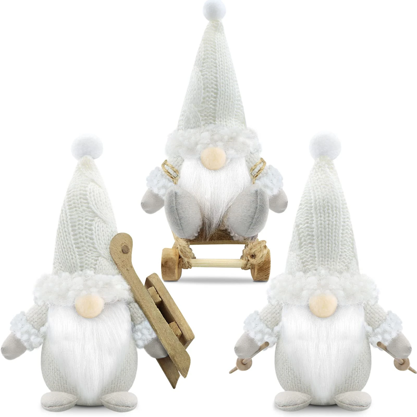 Gehydy Set of 3 Christmas Gonks Decorations Gnome with Sled Santa Handmade Scandinavian Tomte Xmas Decor for Home Kitchen Farmhouse - White