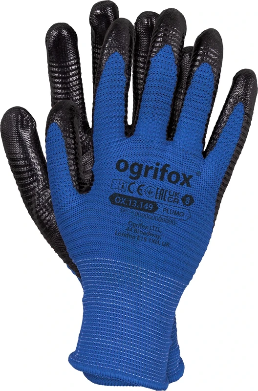 Ogrifox OX-PLUMO Polyester Gloves Coated with Nitrile, Protective Gloves, Work Gloves, Gardening Gloves OX.13.149, Blue-Black, Size 7, 240 pairs