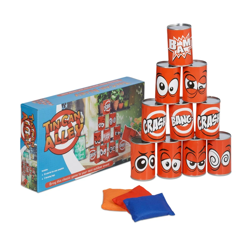 Relaxdays Tin Can Alley Game - 10 Cans and 3 Bean Bags