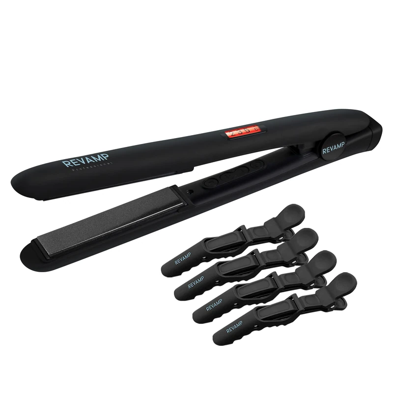 REVAMP Progloss Digital Ceramic Straighteners + Hair Sectioning Clips,Slim,Lightweight,Salon Professional Straightening and Curling Hot Iron Styler All Hair Type,Adjustable Temperature,Black,One Size