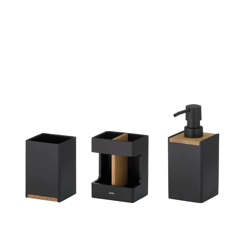 kela 390241 Bathroom Set 3-Piece 1 Soap Dispenser 1 Cup 1 Toothbrush Holder Polyresin/Oak Look Matte Black Cube 26 x 22 x 9 cm