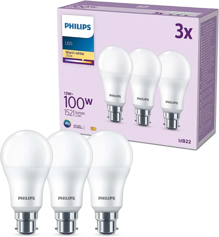 Philips LED Frosted A60 Light Bulb 3 Pack [Warm White 2700K - B22 Bayonet Cap] 100W, Non Dimmable. for Home Indoor Lighting, Value Range