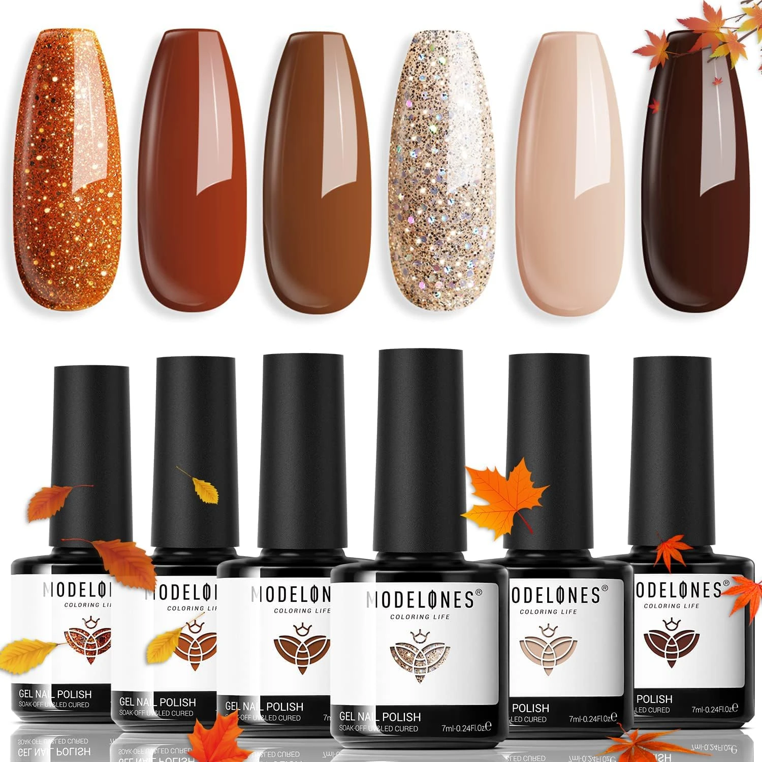 Modelones Gel Nail Polish Set, 6 Colors Nude Brown Gel Polish Fall Gel Nail Polish Set Soak Off Glitter Nail Gel Nail Art DIY Manicure Salon and Home for Women