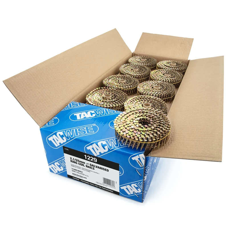 Tacwise 1229 Galvanised Flat Top Coil Nails Type 2.1 / 25 mm, Ring Shank, 16° Inclined, Wire Collated, Pack of 14,400