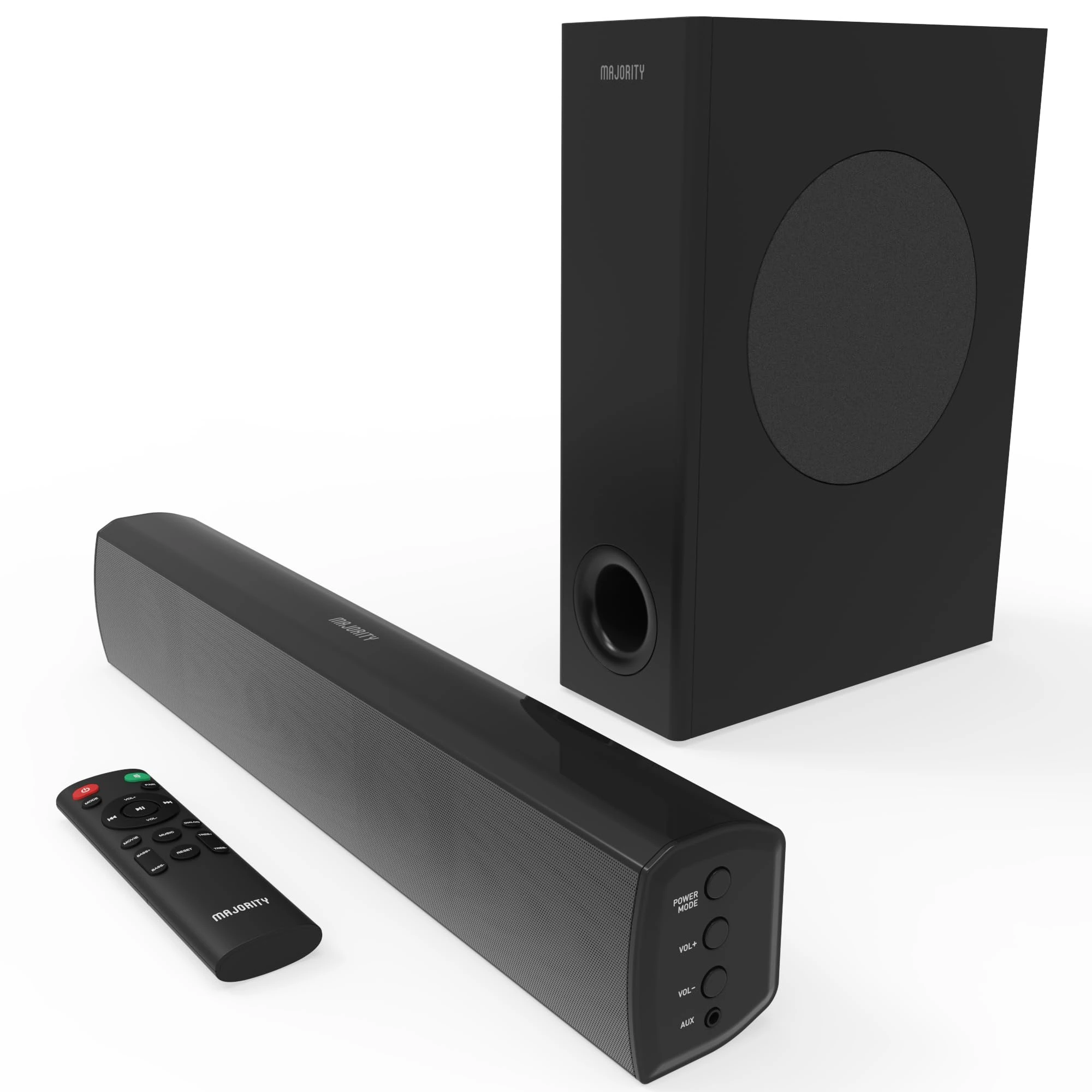MAJORITY Bluetooth Soundbar with Subwoofer | 100 Watts TV Soundbar | 2.1 Stereo Sound Bar with Optical, RCA, USB, AUX Playback | Bowfell Plus Sound Bar