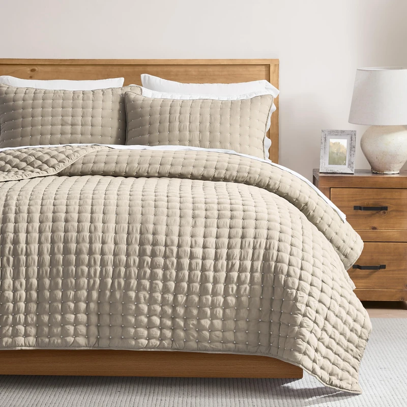 WDCOZY Beige Twin Size Quilt Bedding Sets with Pillow Sham, Tan Cream Lightweight Soft Bedspread Coverlet, Quilted Blanket Thin Comforter Bed Cover, All Season Summer Spring, 2 Pieces, 68x90 inches