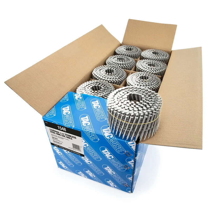 Tacwise 1548 Stainless Steel Flat Top Coil Nails Type 2.5 / 64 mm, Diamond Point, Ring Shank, 16° Inclined, Wire Collated, Pack of 9000