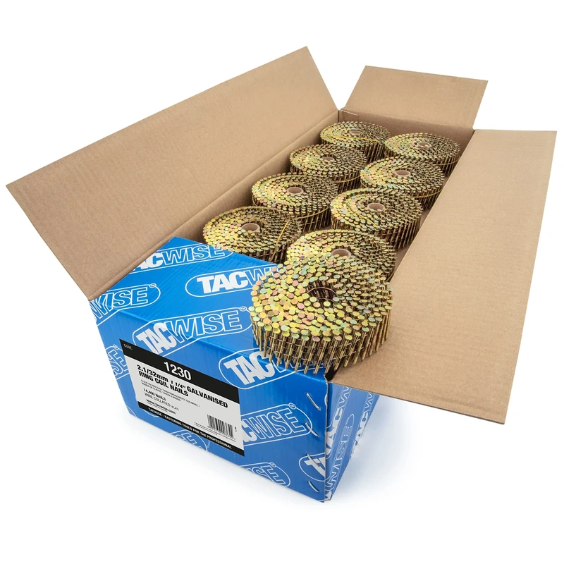 Tacwise 1230 Galvanised Flat Top Coil Nails Type 2.1 / 32 mm, Ring Shank, 16° Inclined, Wire Collated, Pack of 14,400, Golden