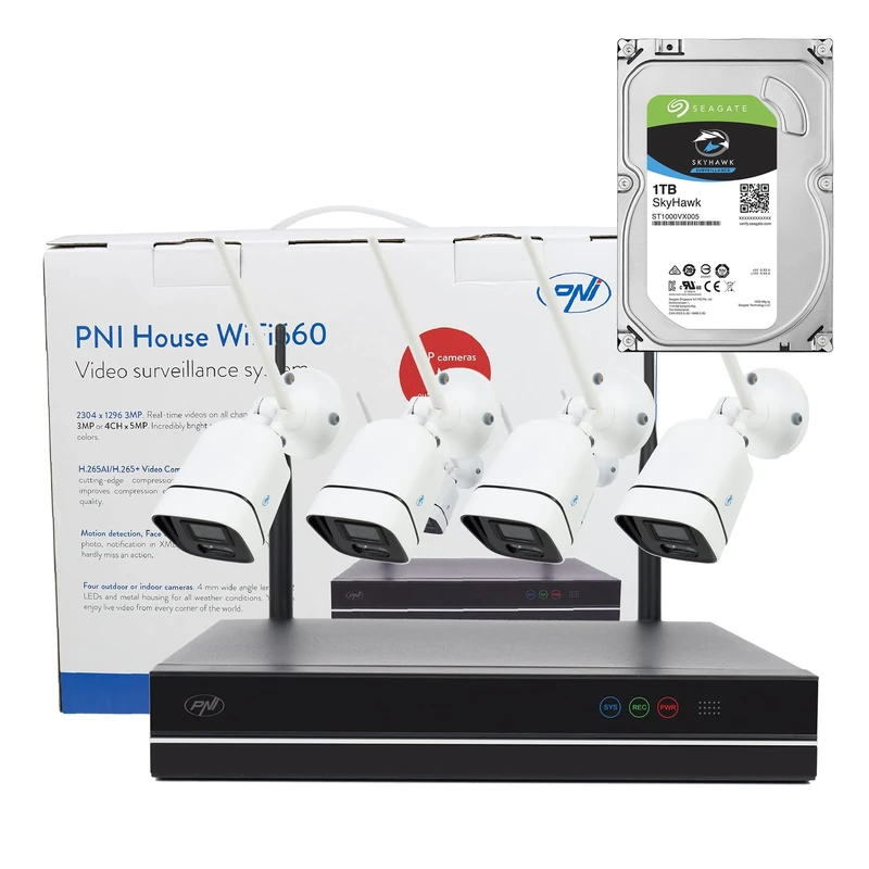 PNI House WiFi660 NVR Video Surveillance Kit and 4 Wireless Cameras 3MP with 1TB HDD Included