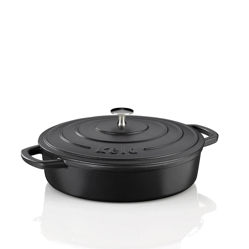 kela 12468 Casserole Dish with Lid, Cast Iron, High Heat Retention, Suitable for Induction Cookers, 3.2 L, Black, Round, Calido