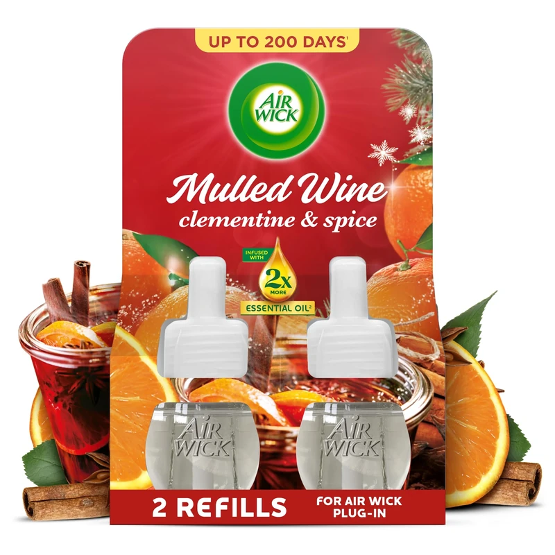 Air Wick Plug in Diffuser Twin Refill, Mulled Wine, Pack 2 x 19ml, Long Lasting Fragrance, Lasts up to 600 Days, Plug in Air freshener
