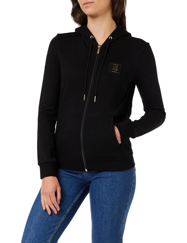 Armani Exchange Women's Icon, Hooded, Side Gold Logo, Zipped Sweatshirt, Black, L