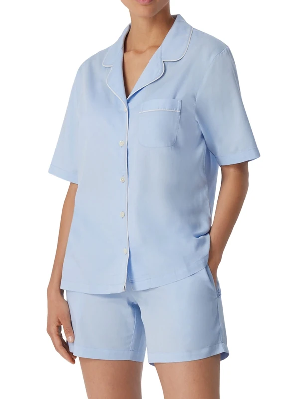Schiesser Women's Short Pyjama Set, Light Blue White Piping, 44