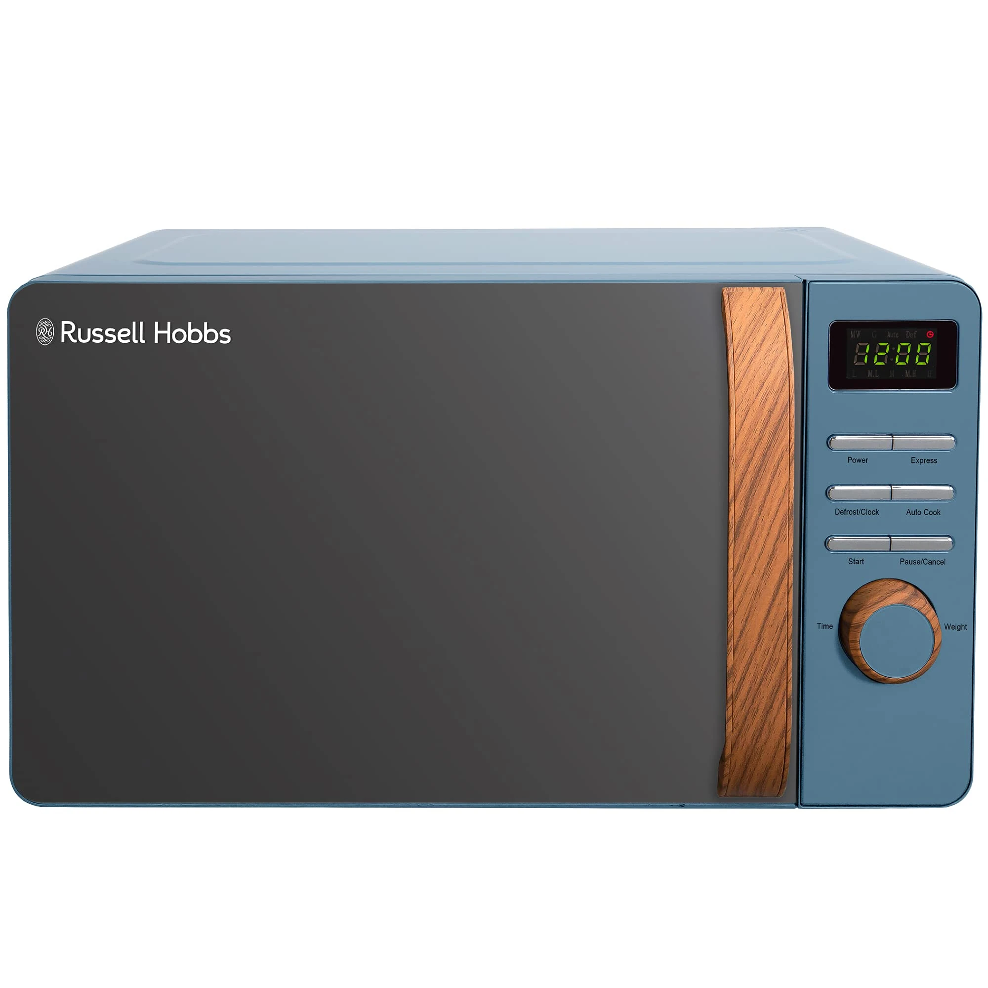 Russell Hobbs RHMD714BL 17 L 700 W Scandi Blue Digital Microwave with 5 Power Levels, Wood Effect Handle and Dials, Clock and Timer, Automatic Defrost, Easy Clean, 8 Auto Cook Menus [Energy Class D]