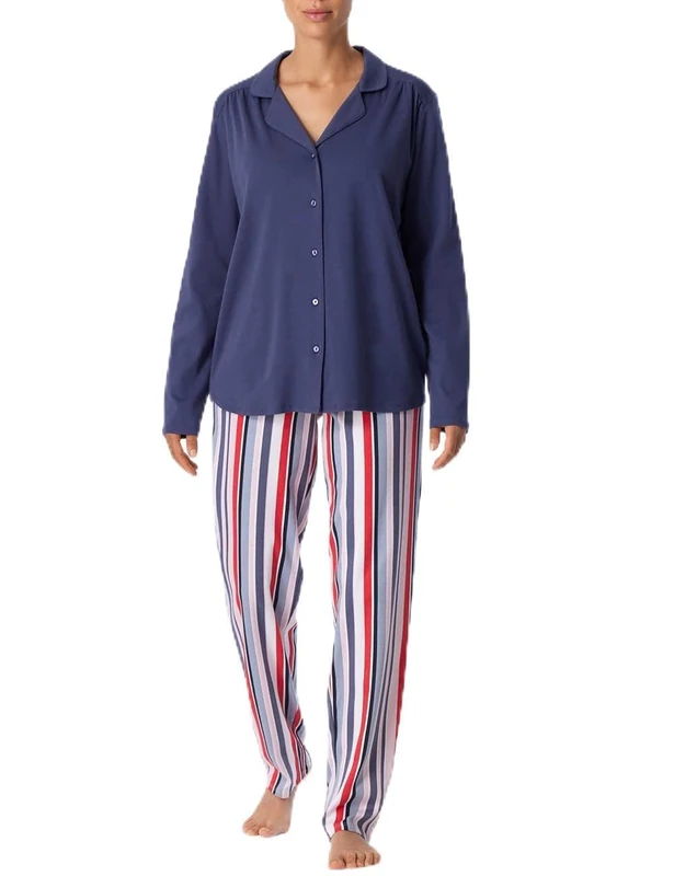 Schiesser Women's Long Pyjamas Pajama Set, Denim Blue, 36