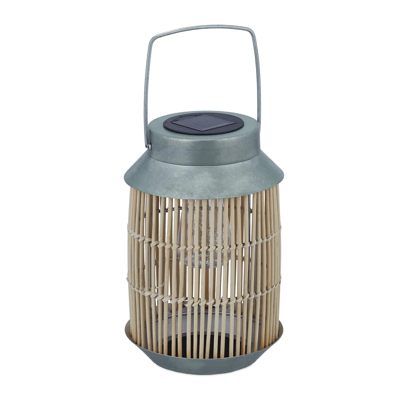 Relaxdays Solar Lamp, Lantern, Integrated LED Light Chain, Outdoor, H x W x D approx. 26 x 17 x 17 cm, Natural/Silver