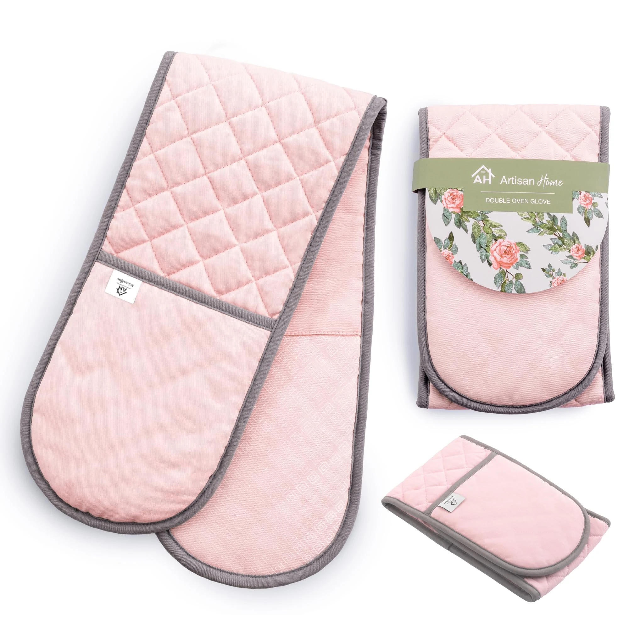 Rose Pink Double Oven Gloves Heat Resistant Silicone Oven Mitts Pair | Non-Slip Silicone Oven Gloves Double Oven Mitt | Machine Washable Thick Potholders Home & Kitchen Accessories.