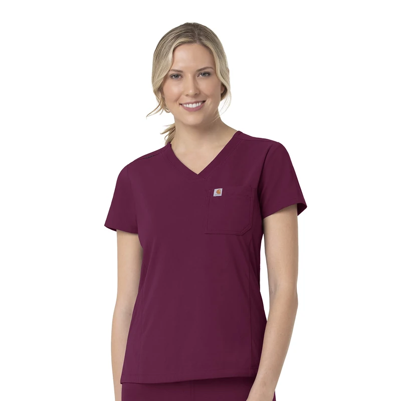 Carhartt Women's Modern Fit Tuck-in Scrub Top Medical Shirt, Wine, XS