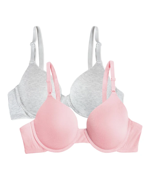 Fruit of the Loom Women's Smooth Cotton T-Shirt Bra-Ultra-Soft, Flexible, and Invisible Under Tees, Opaque, Grey Heather/Blushing Rose, 38C (Pack of 2)