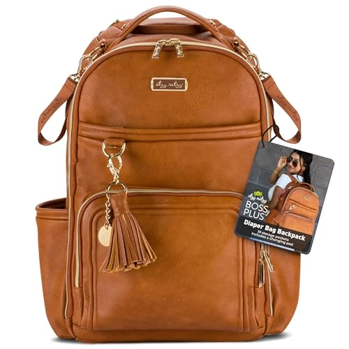 Itzy Ritzy Baby Changing Bag, The Boss Plus Nappy Backpack – Large Diaper Organiser Pack with Changing Mat, 19 Pockets, Insulated Bottle Holder, Stroller Straps, Baby Bag for Mum & Dad (Cognac)