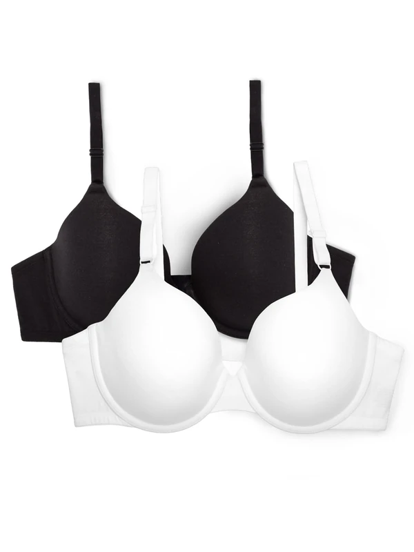 Fruit of the Loom Women's Smooth Cotton T-Shirt Bra-Ultra-Soft, Flexible, and Invisible Under Tees, Opaque, White/Black Hue, 40D (Pack of 2)