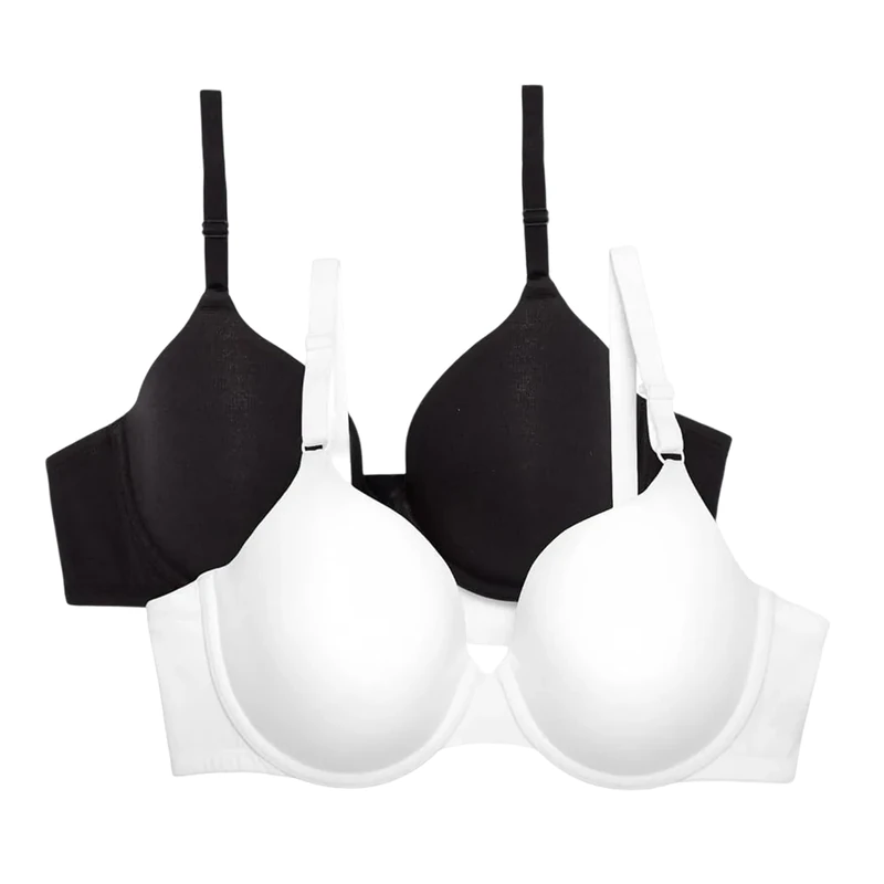 Fruit of the Loom Women's Smooth Cotton T-Shirt Bra-Ultra-Soft, Flexible, and Invisible Under Tees, Opaque, White/Black Hue, 38D (Pack of 2)