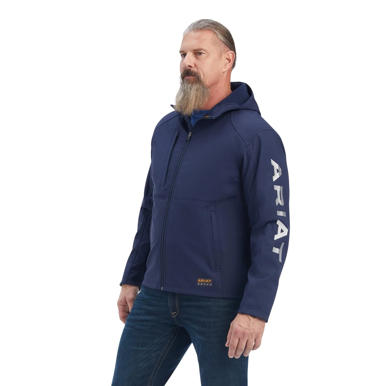 ARIAT Men's Rebar Stretch Canvas Softshell Hooded Logo Jacket Coat, Navy/Grey, XS