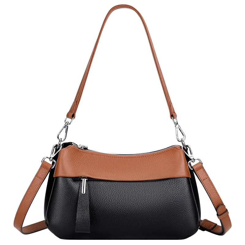 Over Earth Leather Handbags for Women Small Hobo Shoulder Bag Ladies Crossbody Purse, 02-silver Hardware/Black/Brown, One Size