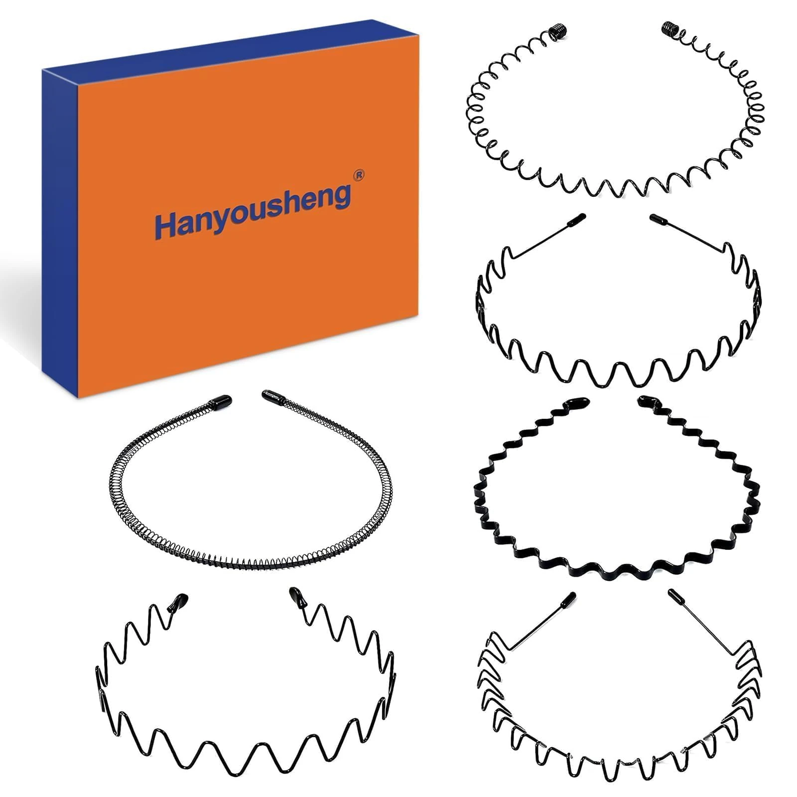 Hanyousheng 6 Pieces Metal Headband Black, Multi-Style Metal Hair Hoop, Unisex Hair Band, Hair Hoop Spring Wave Hairband, Sport Fashion Hair Band Accessories for Women and Men