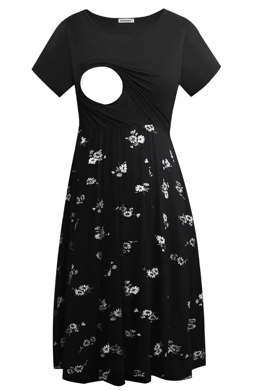 Smallshow Women's Short Sleeve Casual Maternity Nursing Dress for Breastfeeding Black-SVP121 S