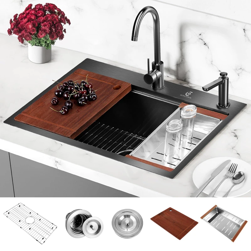 BURCHAIN 30 Inch Stainless Steel Kitchen Sink 16 Gauge Drop in Single Bowl Workstation Sink 2-Hole Top Mount Kitchen Basin with 5 Accessories (Black)