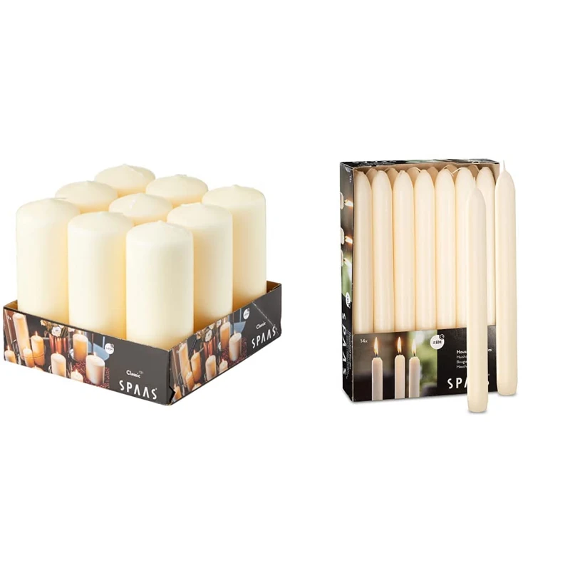 Spaas Tray of 9 Unscented Pillar Candles 60/150 mm, 45 Hours, Ivory & 14 Tapered Dinner Candles 21/220 mm, ± 8 Hours, Unscented, Ivory
