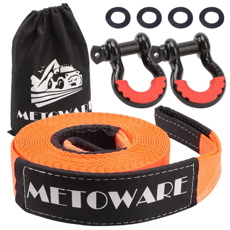 METOWARE Heavy Duty Tow Strap Recovery Kit - 3" x 30ft(35,000lbs) Tree Saver Winch Strap + 3/4" D Ring Shackles(2pcs) + Storage Bag - Truck, SUV, ATV Off Road Towing Strap Kit
