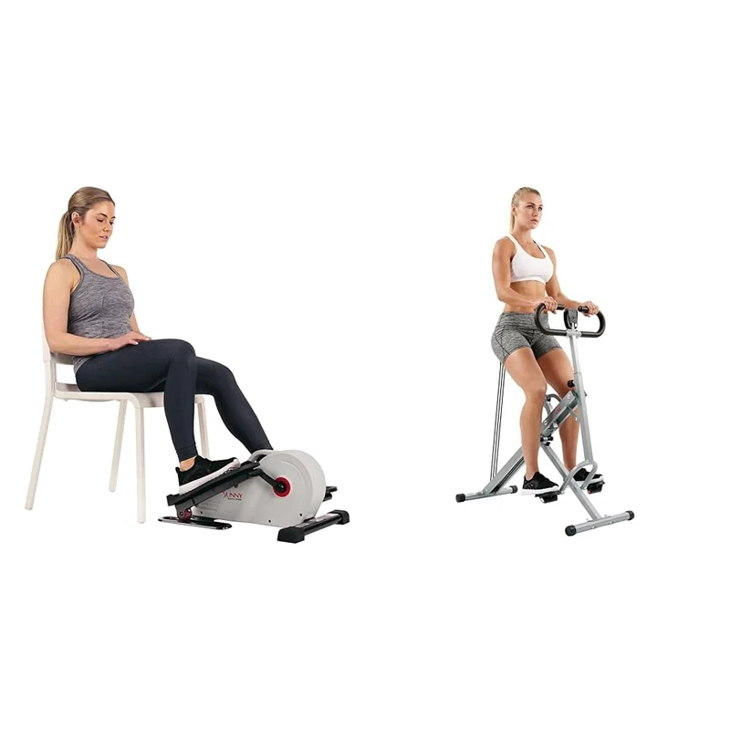 Sunny Health & Fitness Magnetic Under Desk Elliptical Peddler, Portable Mini Elliptical SF-E3872 and Squat Assist Upright Row-N-Ride Rowing Machine - NO.077S