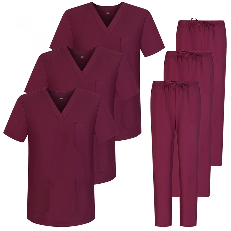 MISEMIYA - Pack * 3 Sets - Unisex Sanitary Uniform Medical Sanitary Uniforms Sanitary Sets 3-817-8312 - X-Small, Garnet 68
