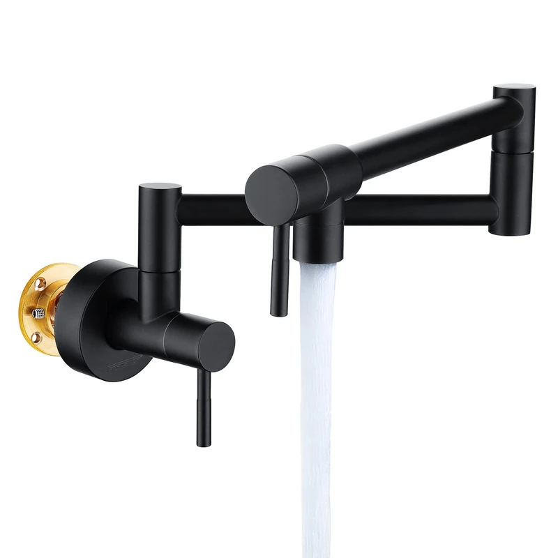 Fransiton Matte Black Pot Filler, Pot Filler Faucet Wall Mount, Brass Folding Stretchable with Double Joint Swing Arm Single Hole Two Handles Kitchen Restaurant - Image 1