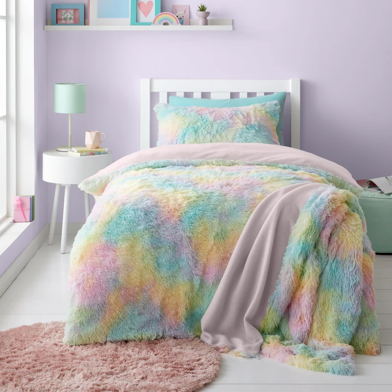 Catherine Lansfield Rainbow Cuddly Deep Pile Faux Fur King Duvet Cover Set with Pillowcases Pastel