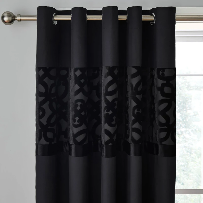 Catherine Lansfield Lattice Cut Velvet 66x72 Inch Lined Eyelet Curtains Two Panels Black