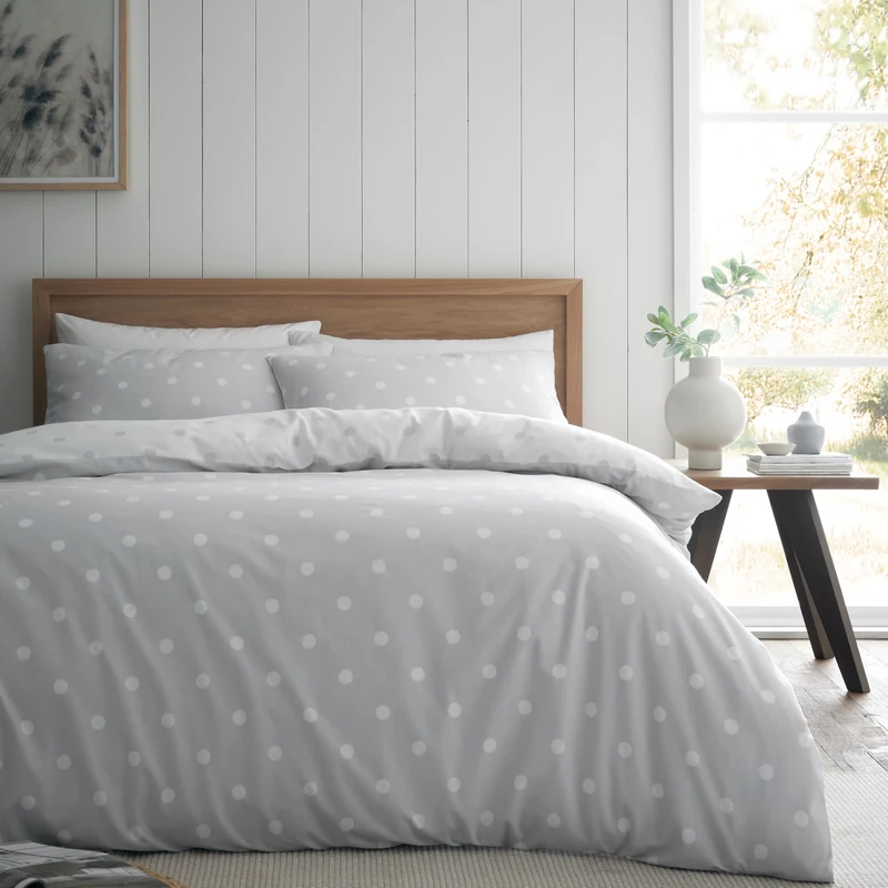 Catherine Lansfield Brushed Polka Dot Cotton Reversible King Duvet Cover Set with Pillowcases, Grey