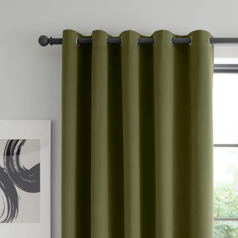 Catherine Lansfield Wilson Velvet Blackout Thermal 66x54 Inch Eyelet Curtains Two Panels Olive Green