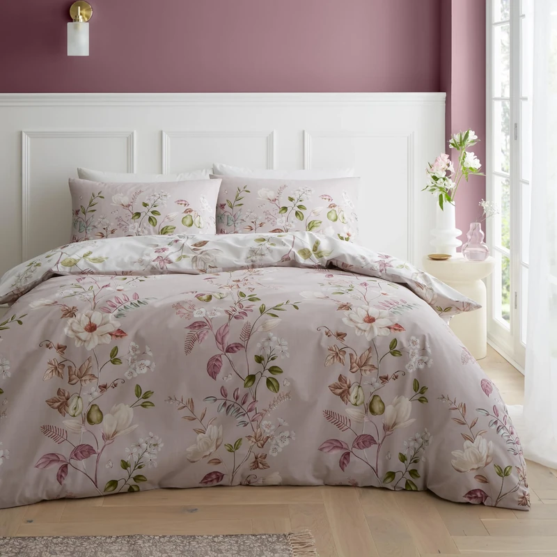 Bianca Francesca Floral 200 Thread Count Cotton Reversible Super King Duvet Cover Set with Pillowcases Cream Pink