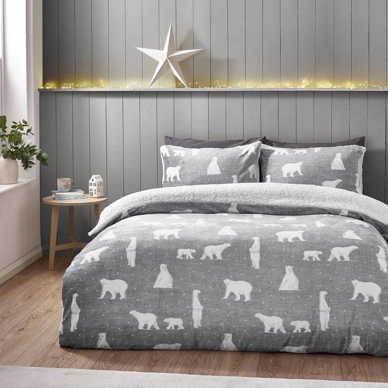 Catherine Lansfield Cosy Polar Bear Soft Sherpa King Duvet Cover Set with Pillowcases Grey