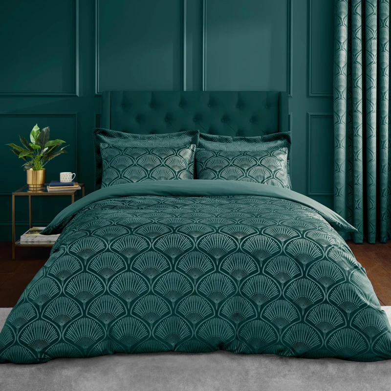 Catherine Lansfield Art Deco Pearl Double Duvet Cover Set with Pillowcases Teal Green
