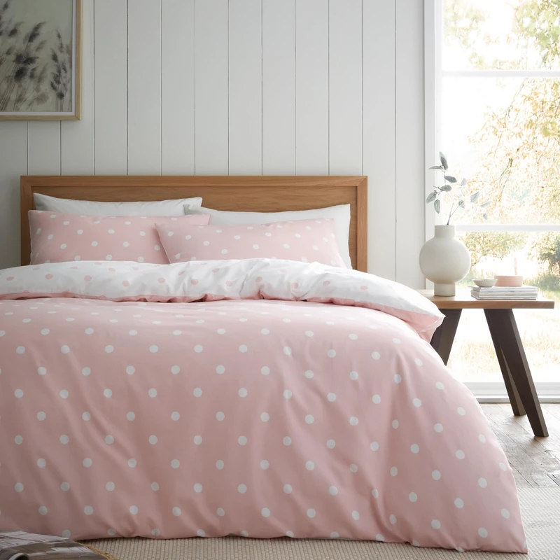 Catherine Lansfield Brushed Polka Dot Cotton Reversible Single Duvet Cover Set with Pillowcase, Pink