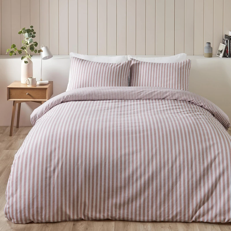 Catherine Lansfield Brushed Stripe Cotton Reversible King Duvet Cover Set with Pillowcases Blush Pink