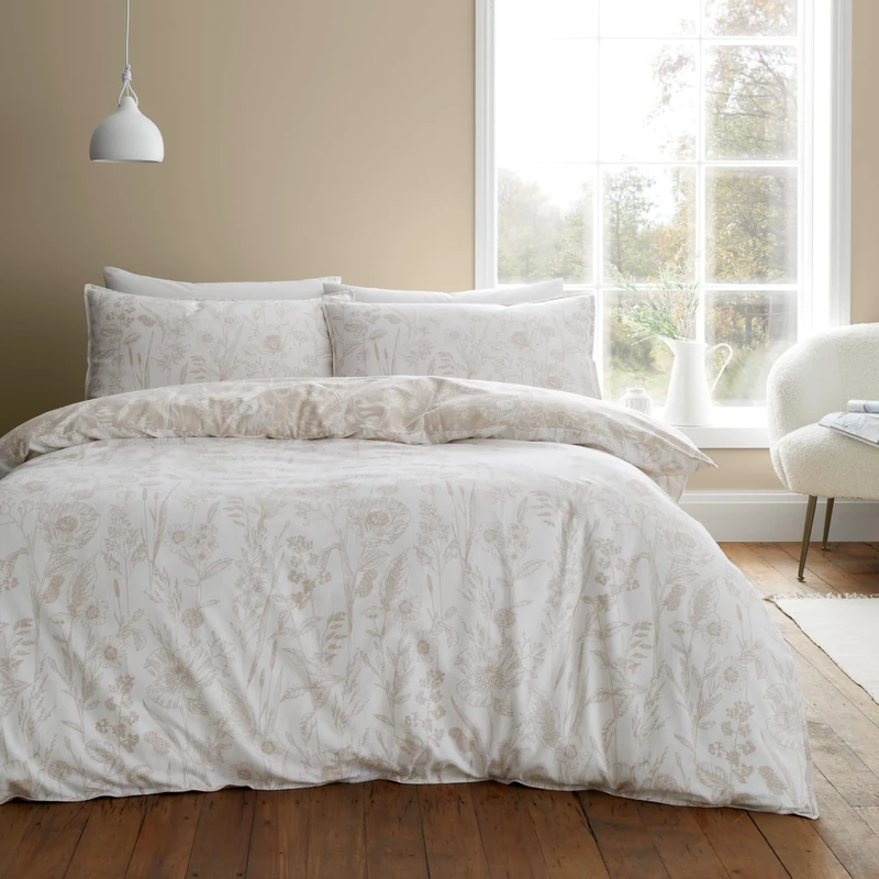 Bianca Brushed Cotton Floral Toile Reversible Super King Duvet Cover Set with Pillowcases Natural