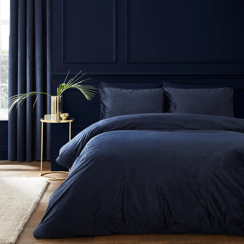 Catherine Lansfield Kingsley Soft Matt Velvet Super King Duvet Cover Set with Pillowcases, Navy Blue