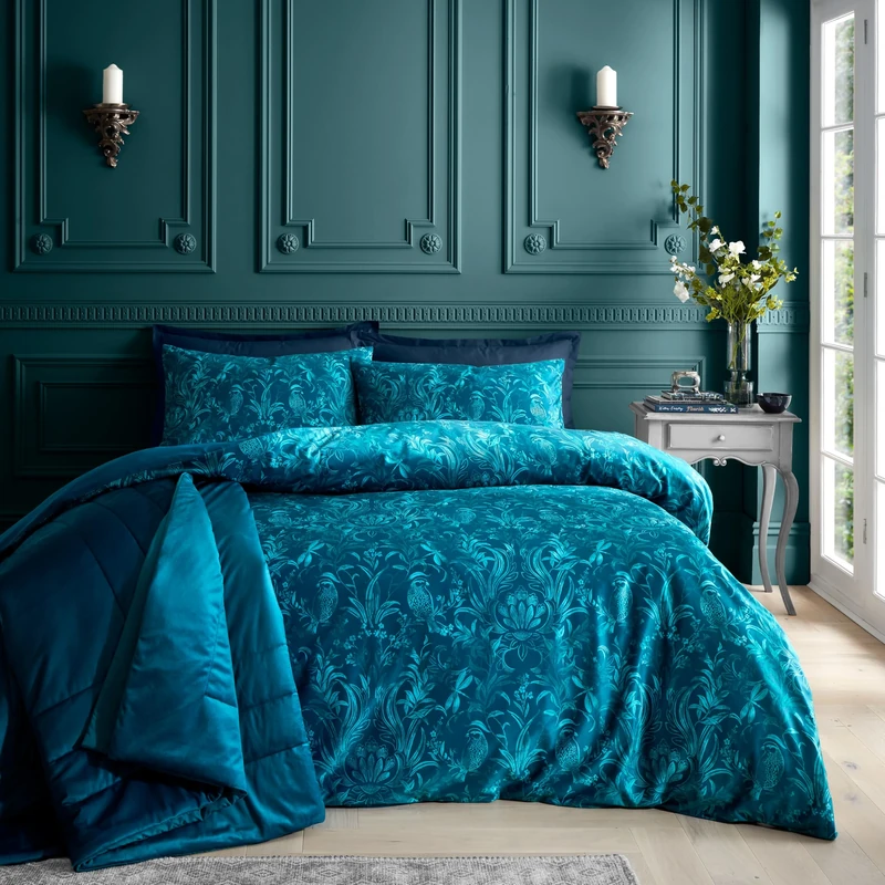 Catherine Lansfield Bridgerton Regal Birds Soft Velvet Super King Duvet Cover Set with Pillowcases Teal, Green