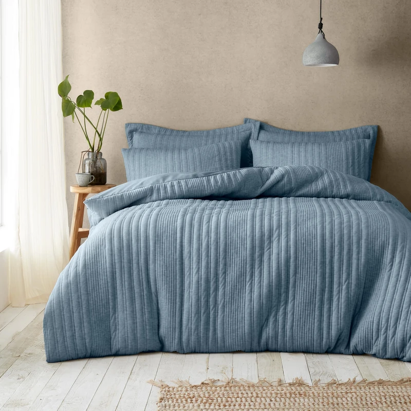Pineapple Elephant Tamba Jersey Stripe Quilted King Duvet Cover Set with Pillowcases Chambray Blue